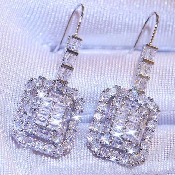 Jewelry - NEW Silver Baguette Round Diamond Drop Earrings 1